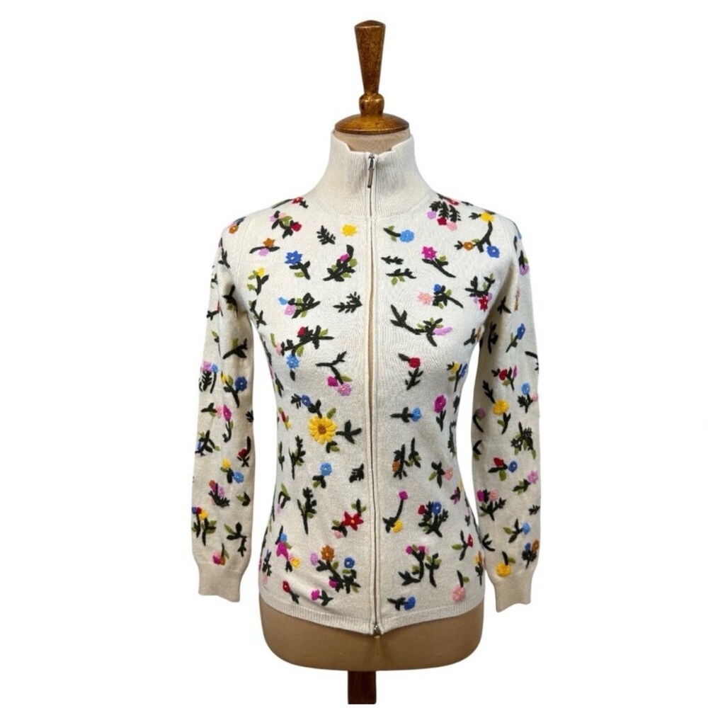 NWT Richard Grand Colorata Cashmere Embroidered Cardigan Floral Zipper High Neck